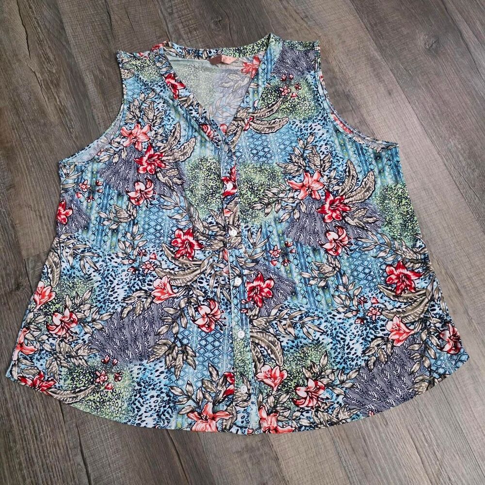 Amana Womens Size 3X Blue Floral Sleeveless Button Up V Neck Blouse Top Casual